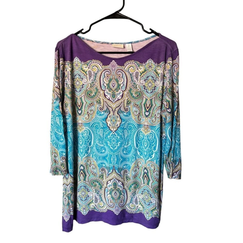 Chico's WOmen's Border Paisley GiGi Top in a Multicolor Paisley Pattern with 3/4 - Picture 2 of 8